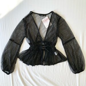 SOLD⭐️Mesh Black and Gold Polka dot two tie blouse⭐️